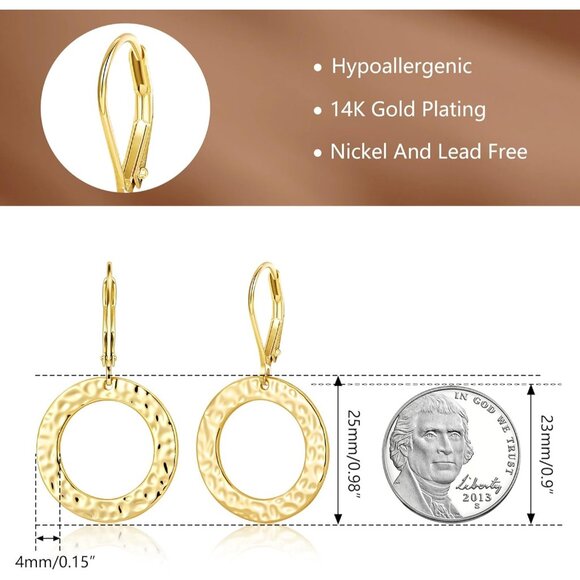 14K Gold Drop Handmade Hammered Circle Round Dangle Minimalist Earring for Women - Picture 4 of 7